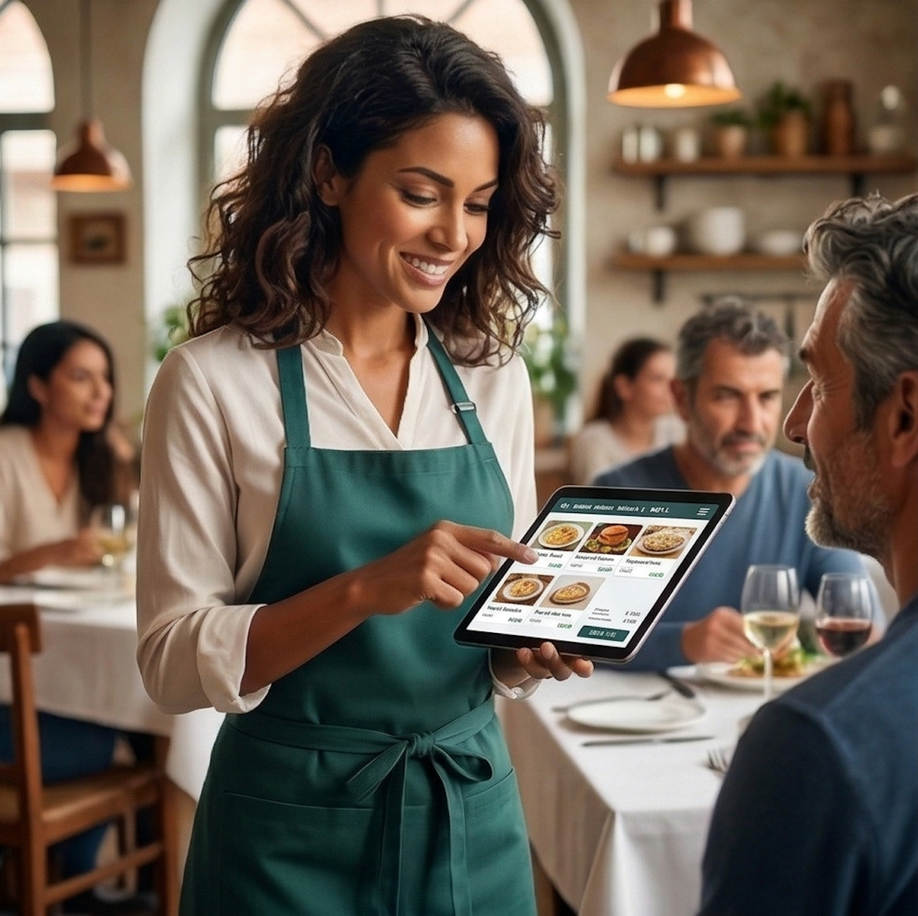 Cameriera che prende le comande al tavolo con tablet M04_CASH